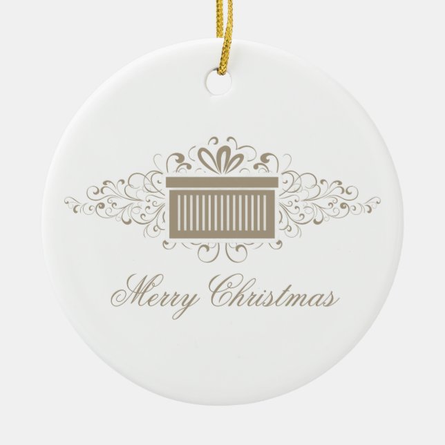 Holiday Swirls Present Ornament, Latte Ceramic Tree Decoration (Front)