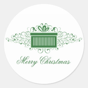 Holiday Swirls Present Stickers, Green Classic Round Sticker