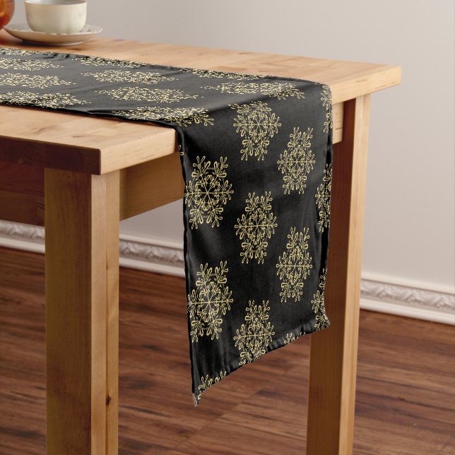 Holiday Table Runner-Gold Snowflakes Short Table Runner (In Situ)