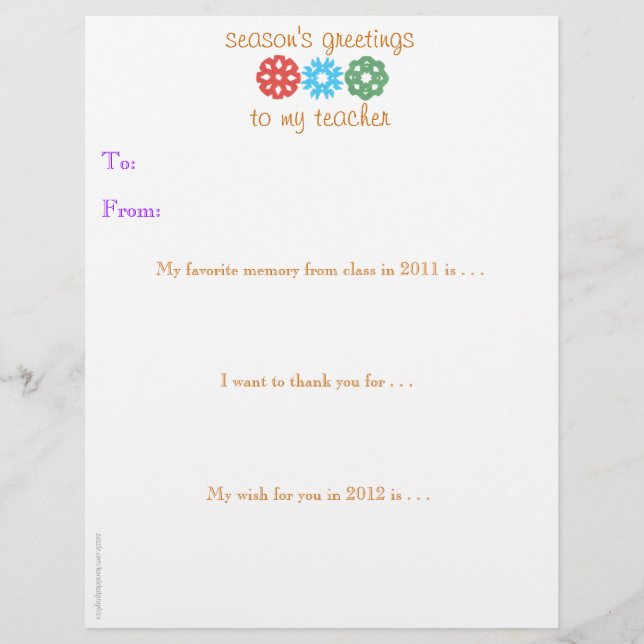 Holiday Teacher Gift Note - 2011 / 2012 (Front)