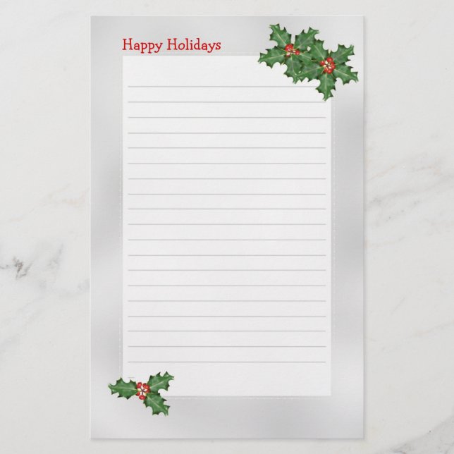 Holiday Themed, Green Holly Lined Writing Paper (Front)