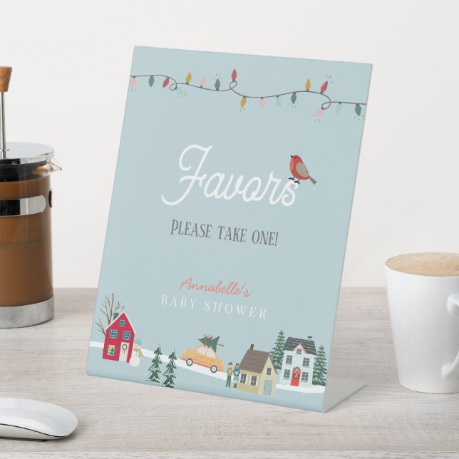 Holiday Town/Village Blue Baby Shower Favours Pedestal Sign (In SItu)