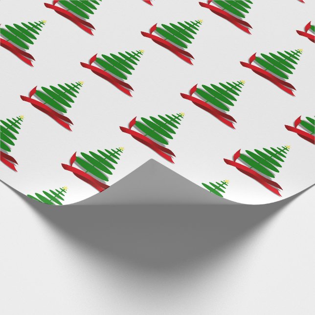 Holiday Tree with Red Ribbon Christmas Wrapping Paper (Corner)
