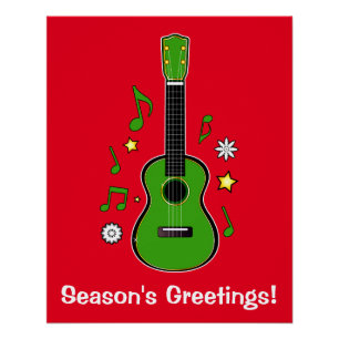 Holiday Ukulele with Notes and Stars Poster