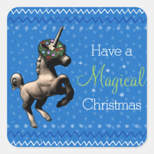 Holiday Unicorn "Magical Christmas" (Blue) Square Sticker