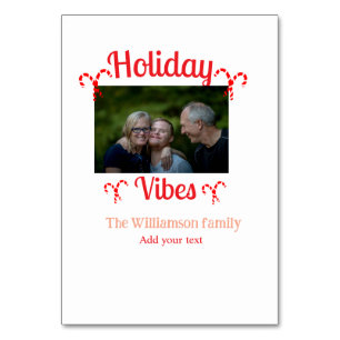 Holiday Vibes red family photo name candy Christma Table Number