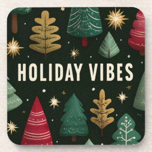 Holiday Vibes Text Overlay on Retro Christmas Tree Coaster