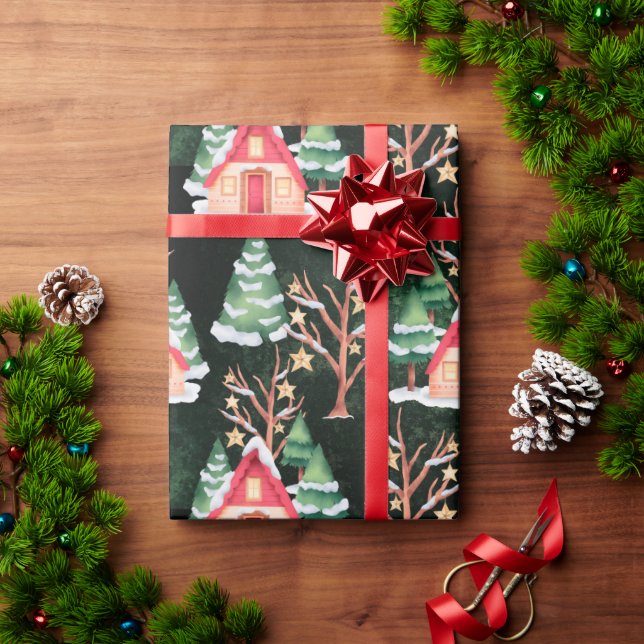 Holiday Vintage Country Houses Trees Christmas Wrapping Paper (Holiday Gift)