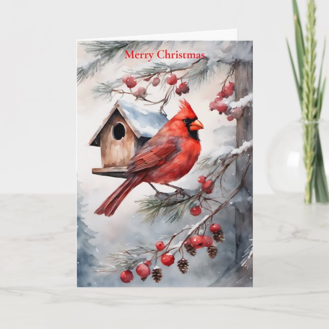 Holiday Watercolor Cardinal and Birdhouse Card (Front)