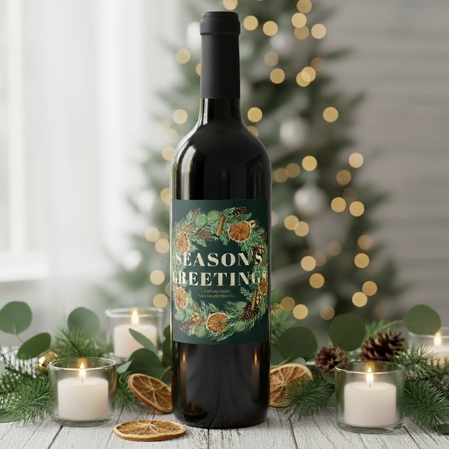 Holiday Watercolor Dried Orange Pine Wreath Wine Label (Creator Uploaded)