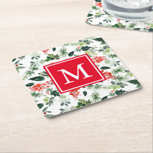 Holiday Watercolor Floral Pattern Custom Monogram Square Paper Coaster