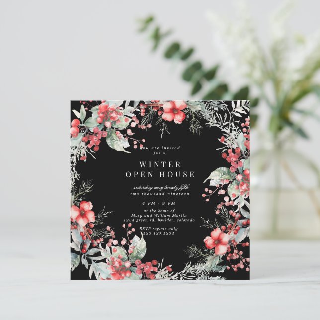 Holiday Watercolor Floral Square Open House Invitation (Standing Front)