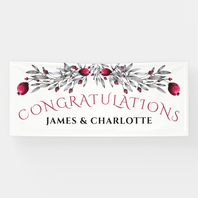 Holiday Watercolor Holly Blossoms Wedding Banner (Horizontal)
