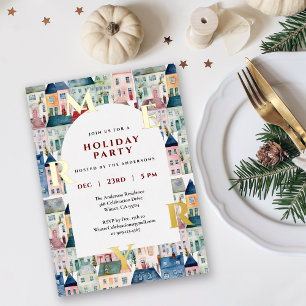 Holiday Watercolor Houses Merry Christmas Party