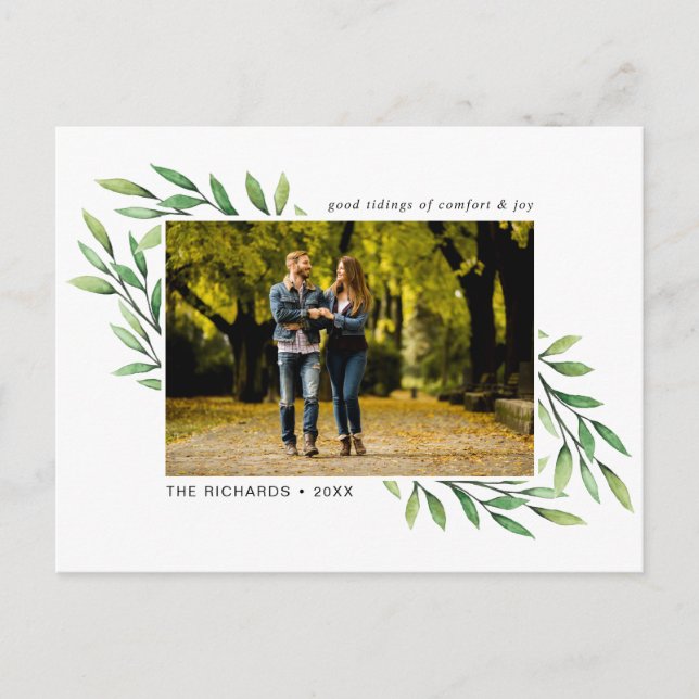 Holiday Watercolor Leaves Modern Photo Postcard (Front)