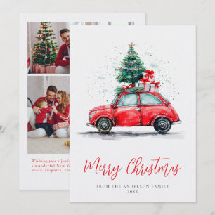 Holiday Watercolor Red Car Christmas Family Photo Card