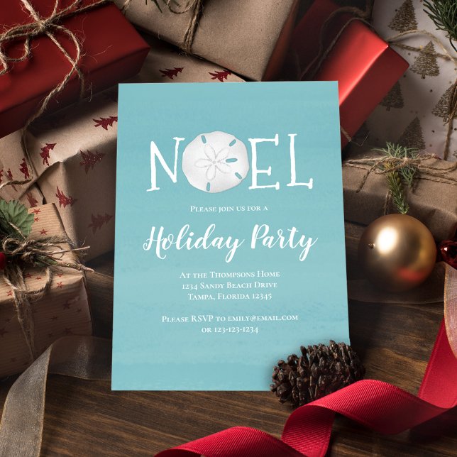 Holiday Watercolor Turquoise Beach Sand Dollar   Invitation (Holiday party invitation with a beach turquoise blue Noel design.)