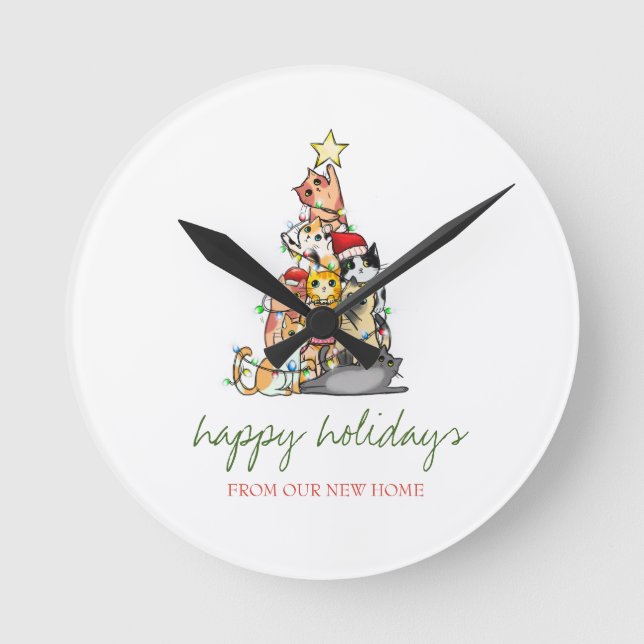 Holiday We Have Moved,Adorable Cats Pine Tree  Round Clock (Front)
