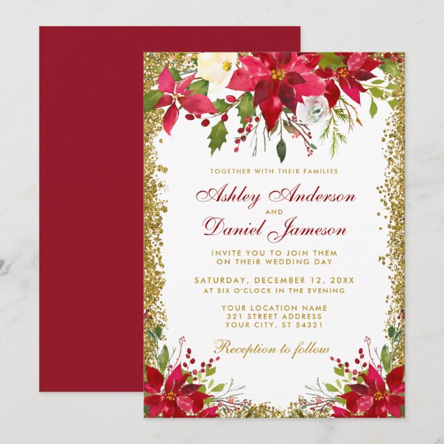 Holiday Wedding Floral Red Poinsettia Gold Glitter Invitation (Front/Back)