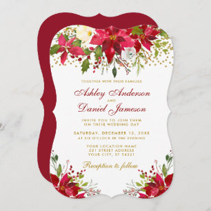 Holiday Wedding Poinsettia Floral Gold Glitter Red Invitation