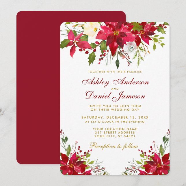 Holiday Wedding Poinsettia Floral Gold Red R Invitation (Front/Back)