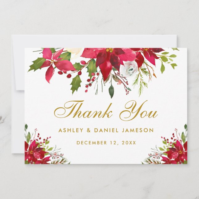 Holiday Wedding Poinsettia Floral Gold Thank You Card (Front)
