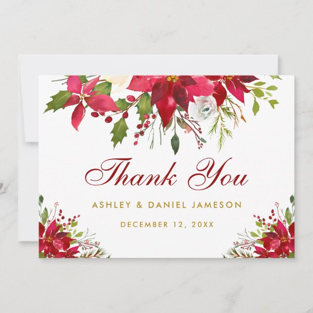 Holiday Wedding Poinsettia Floral Red Gold Thank You Card (Front)