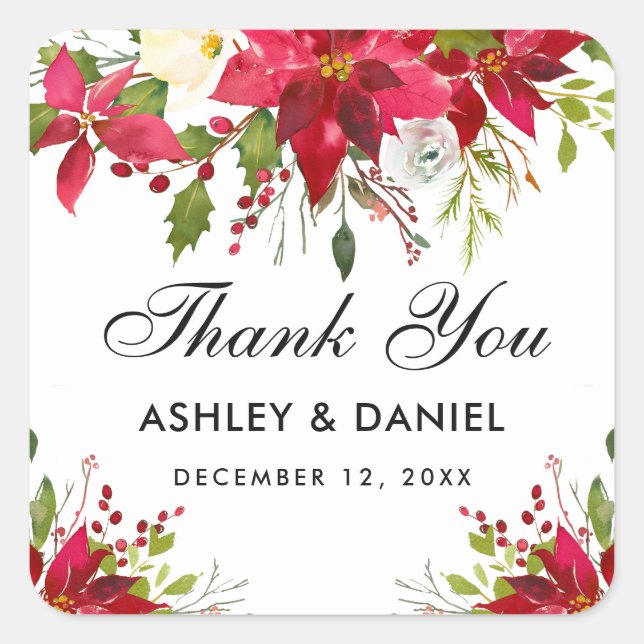 Holiday Wedding Poinsettia Floral Thank You Square Sticker (Front)