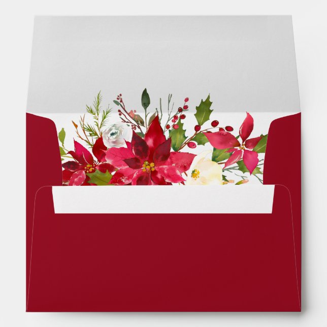 Holiday Wedding Watercolor Floral Poinsettia Red Envelope (Back (Bottom))