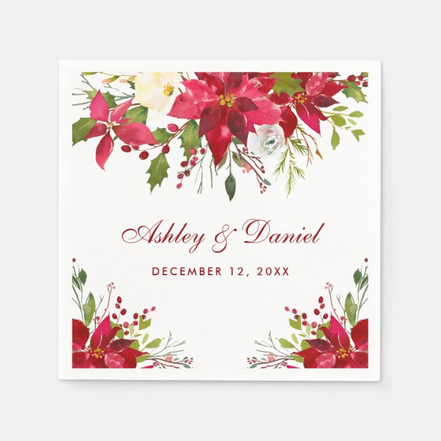 Holiday Wedding Watercolor Poinsettia Floral Red Napkin (Front)