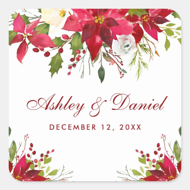 Holiday Wedding Watercolor Poinsettia Floral Red Square Sticker (Front)
