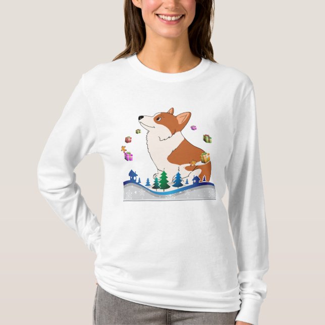 Holiday Welch Corgi with Floating Presents T-Shirt (Front)
