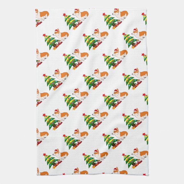 Holiday Welsh Corgi Cartoon with Tree Tea Towel (Vertical)