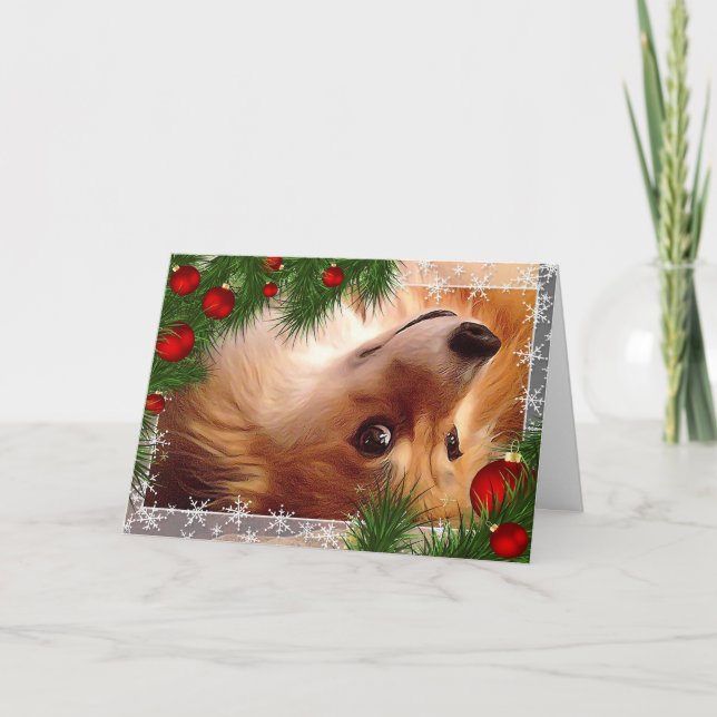 Holiday Welsh Corgi Fluff with Red Bulbs Card (Front)
