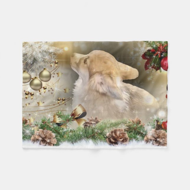 Holiday Welsh Corgi Puppy Fleece Blanket (Front (Horizontal))