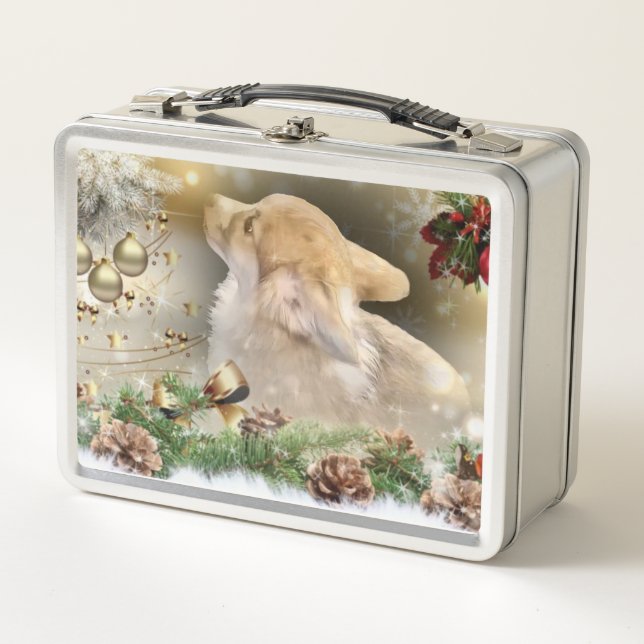 Holiday Welsh Corgi Puppy Metal Lunch Box (Front)