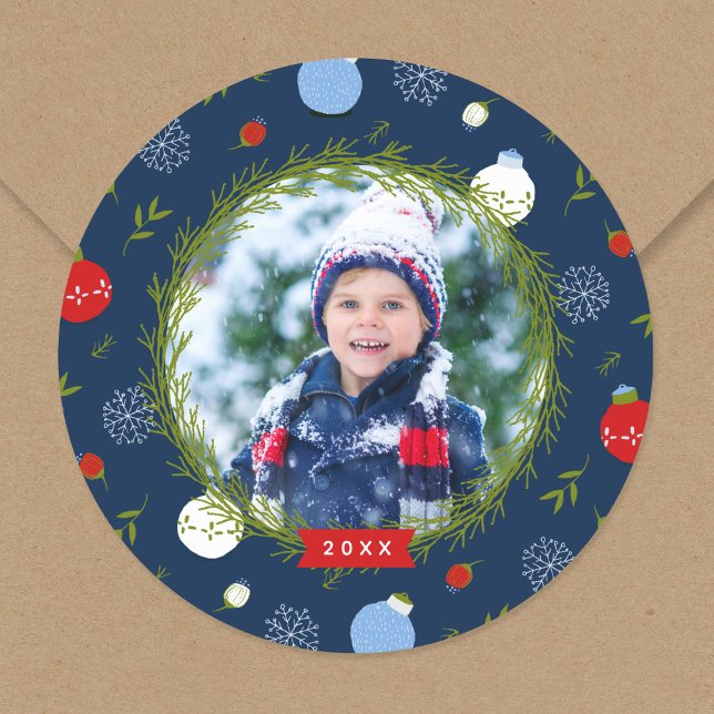 Holiday Whimsy Personalised Christmas Photo Classic Round Sticker (Creator Uploaded)