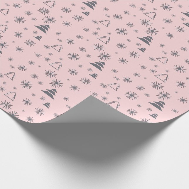 Holiday White Snowflakes Christmas Trees Modern Wrapping Paper (Corner)