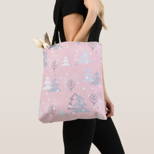 Holiday White Snowflakes Christmas Trees Pink Grey Tote Bag