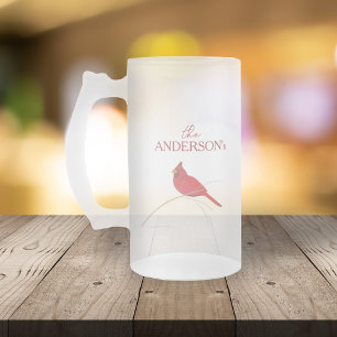 Holiday Winter Elegant Botanical Red Cardinal Frosted Glass Beer Mug