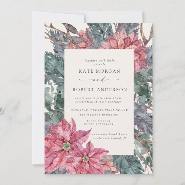 holiday winter floral wedding invitation (Front)
