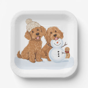Holiday Winter Goldendoodle Dog Snowman Paper Plate