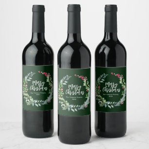 holiday winter greenery brush script wine label