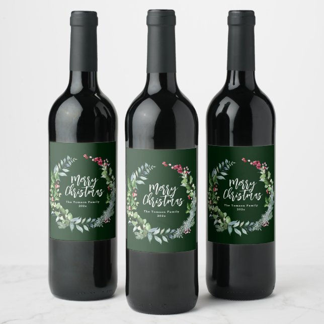 holiday winter greenery brush script wine label (Bottles)
