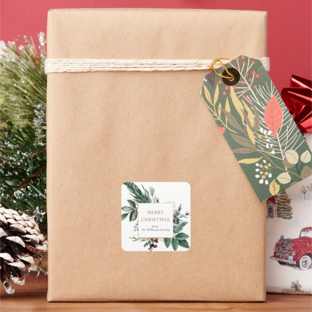 holiday winter greenery merry christmas square sticker (Holiday)