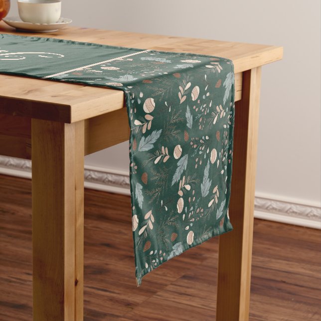 Holiday Winter Greenery Script Merry Christmas Short Table Runner (In Situ)
