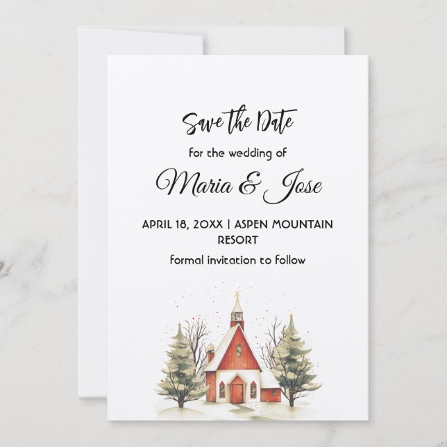 Holiday Winter Red Church Pine Trees Save the Date Invitation (Front)
