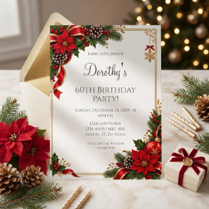 Holiday winter red gold poinsettia birthday invitation