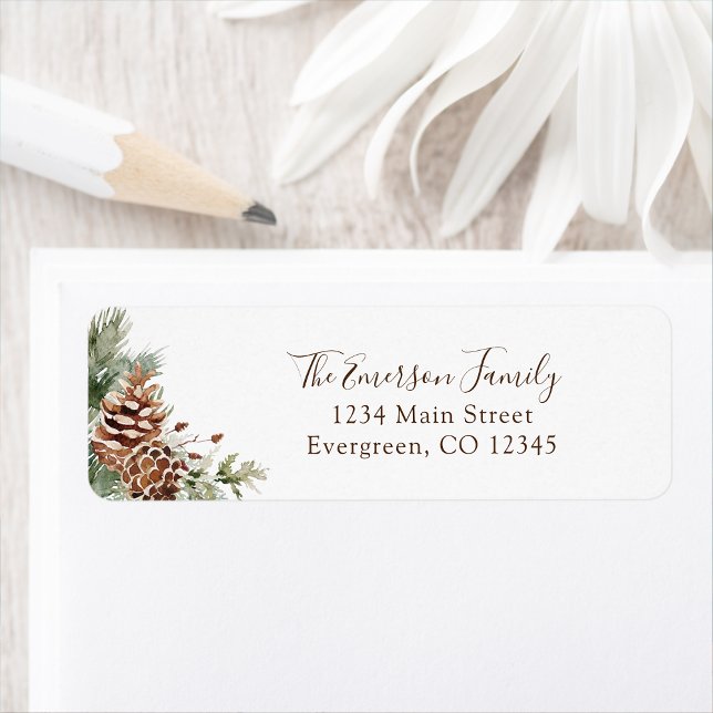 Holiday Winter Return Address Label (Holiday Winter Pinecone Greenery White Return Address Label by Painted Paperie)