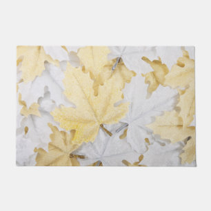 Holiday Winter White and Gold Glitter Maple Leaves Doormat